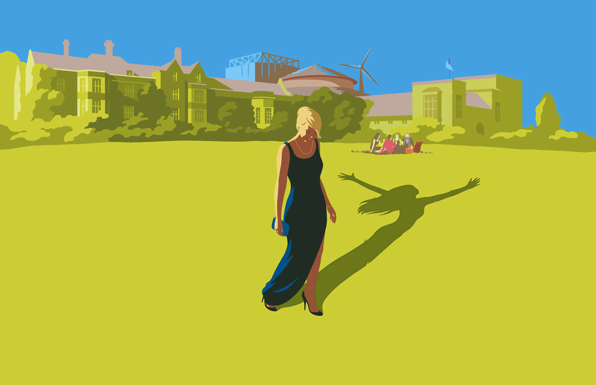 Advertising illustration for Glyndebourne Summer Festival by Gary Redford. Featuring a Woman in a party dress with performing shadow